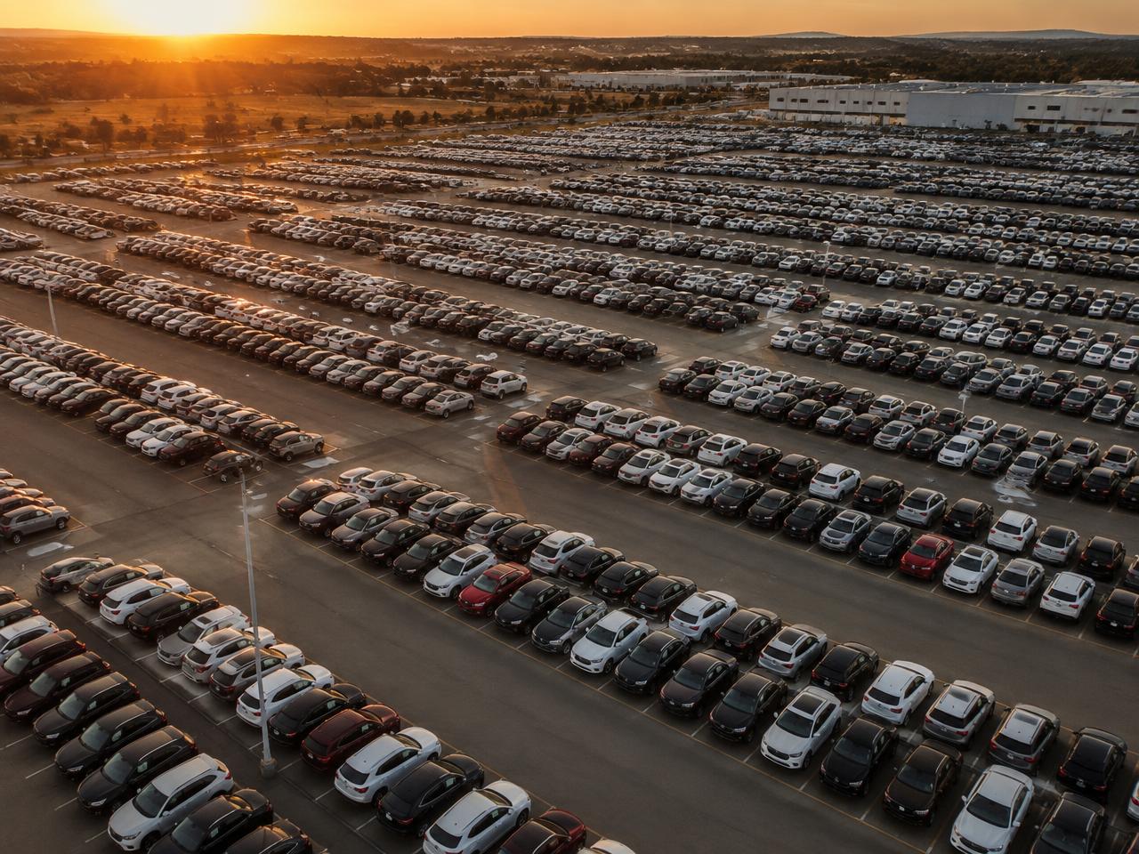 Aerial view of a large vehicle lot at sunset